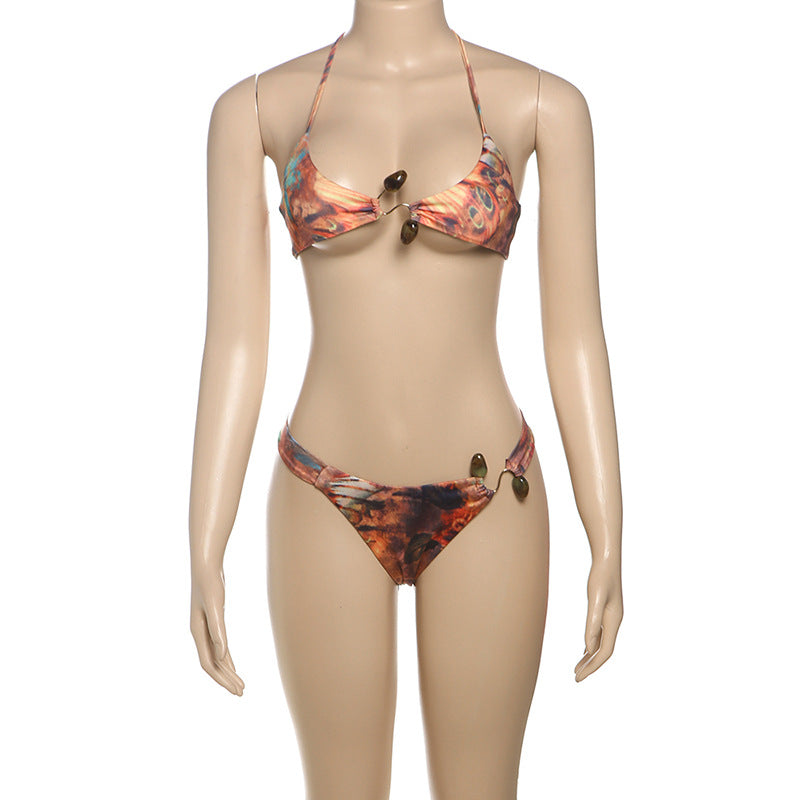 Spring Summer Women Color Contrast Cropped Halter Bikini Set