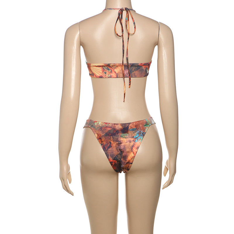 Spring Summer Women Color Contrast Cropped Halter Bikini Set