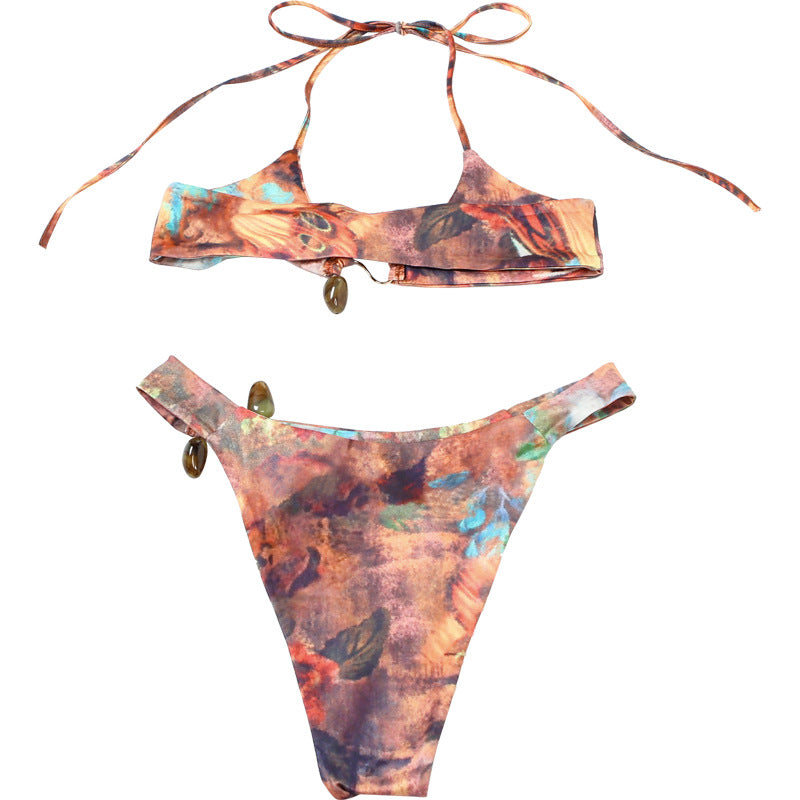 Spring Summer Women Color Contrast Cropped Halter Bikini Set