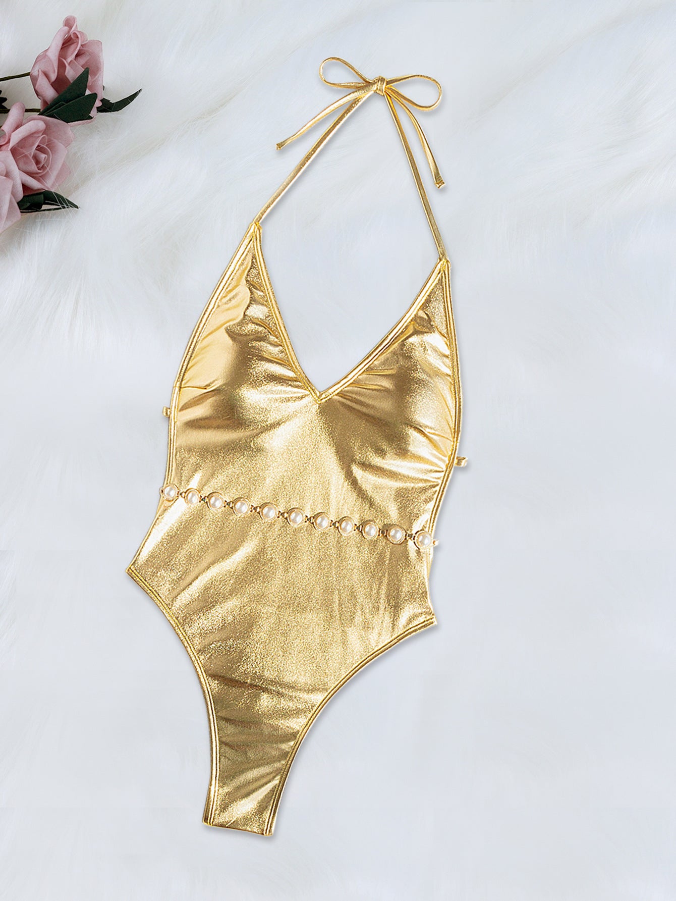Bronzing One Piece Swimsuit with Belt and Waist Chain Detail