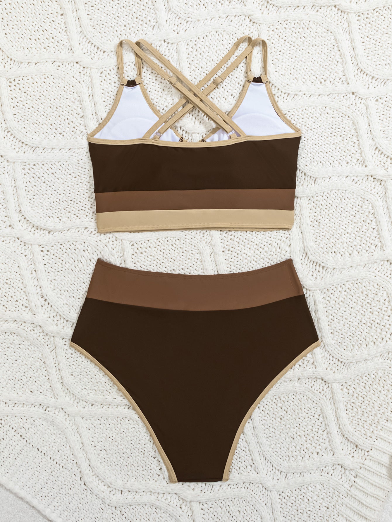 Color Block Double Strap High Waist Bikini Split Swimsuit Women