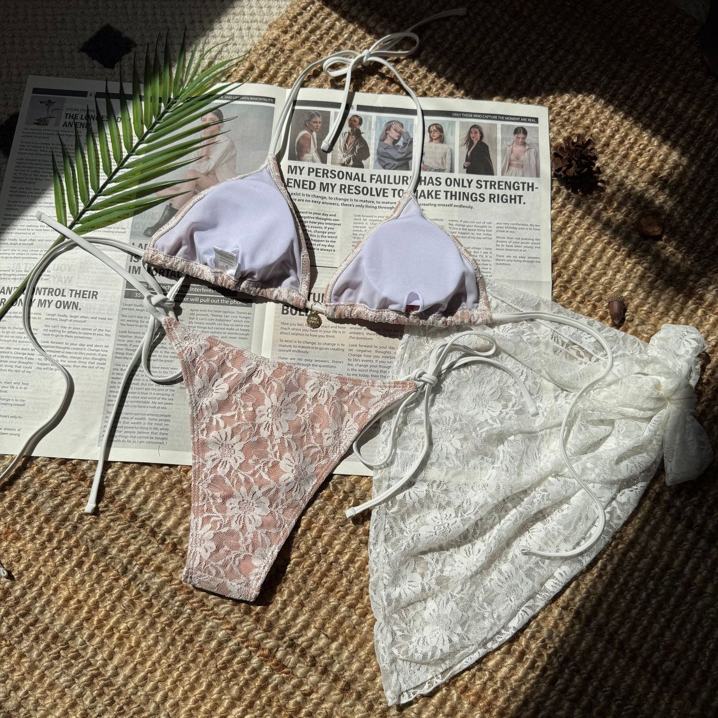 Lace Mesh Three Piece Swimsuit Bikini Set with Skirt Cover