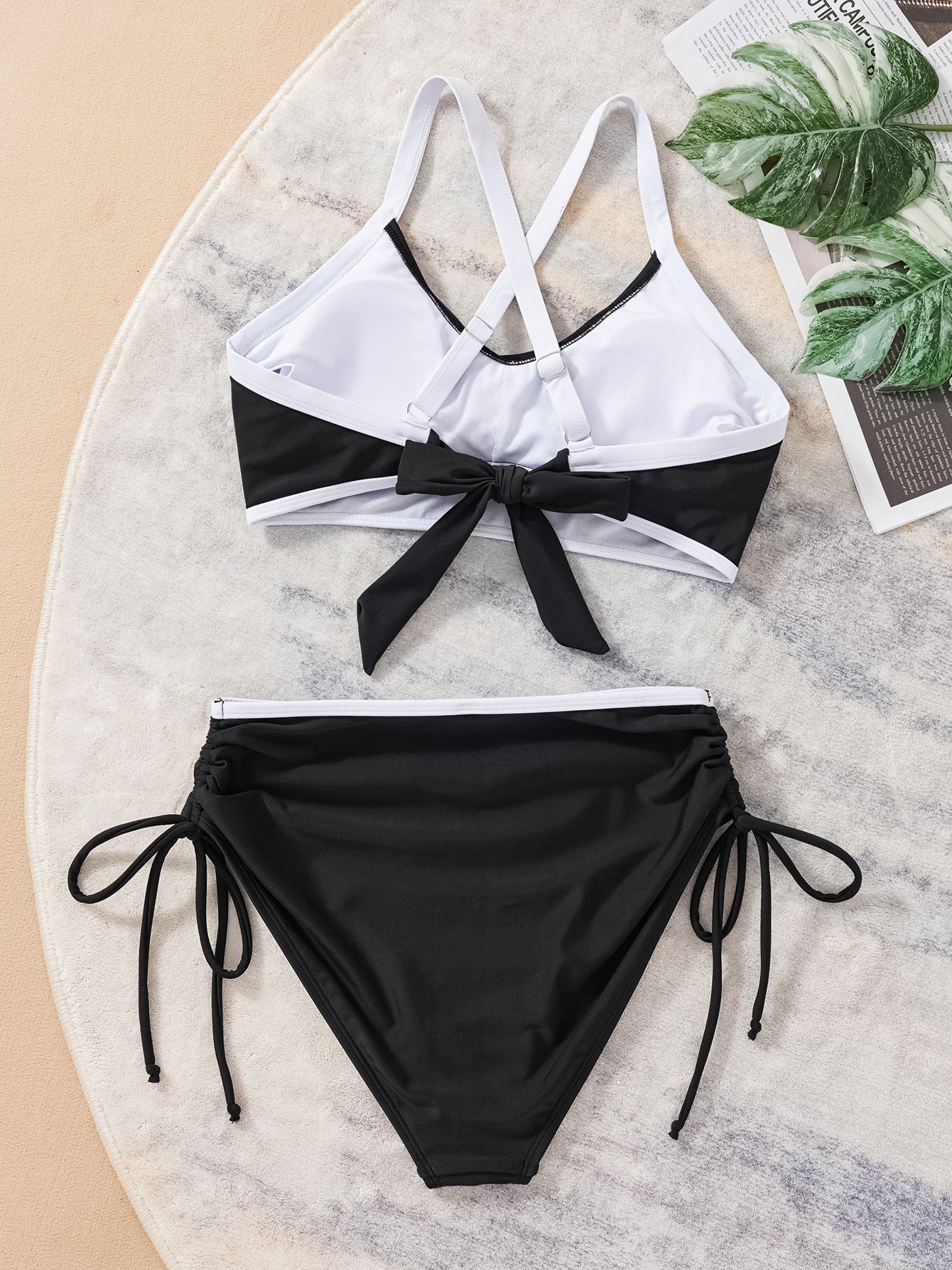 Color Block Lace Up Drawstring High Waist Split Bikini Swimsuit