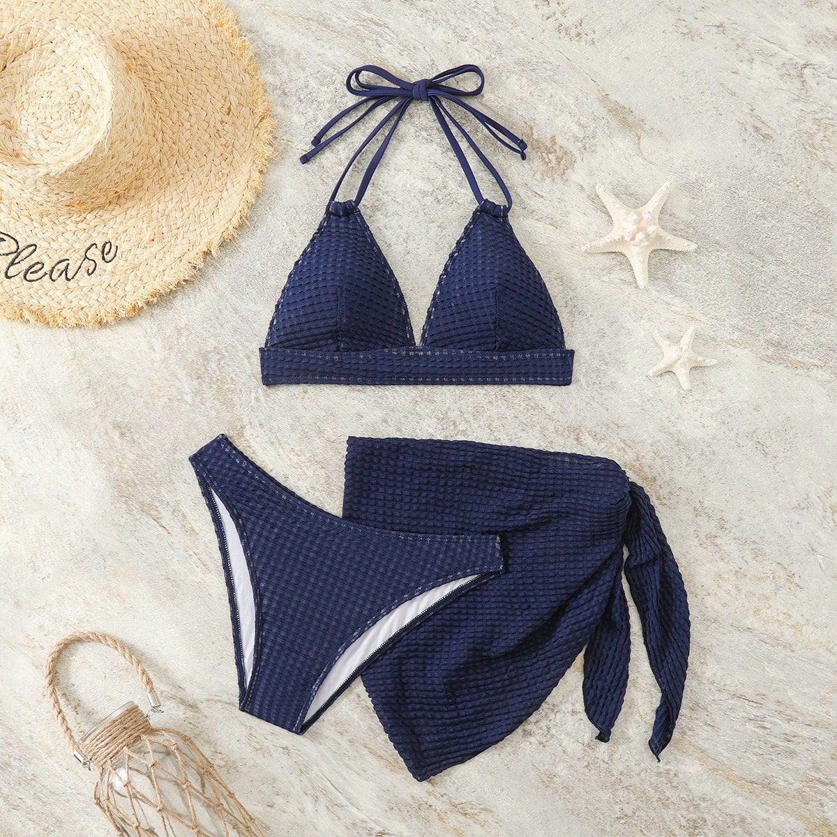 Solid Color Three Piece Halter Bikini Set Women Summer Swimwear