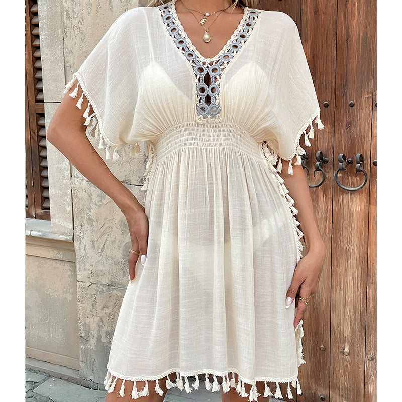 Hollow Out Crochet Circle Collar Waist Tie Beach Cover Up Dress
