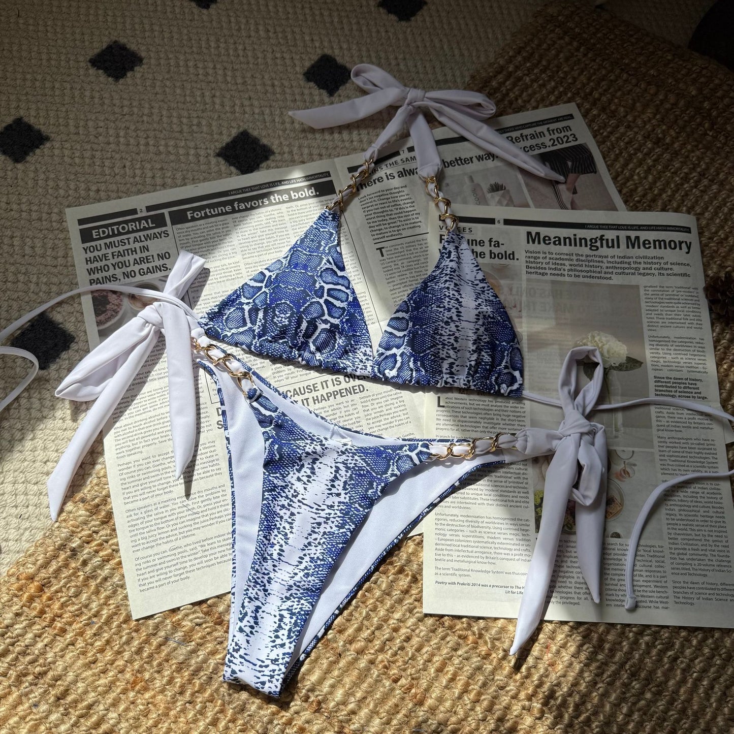 Metal Chain Leopard Colorblock Split Swimsuit Bikini Set