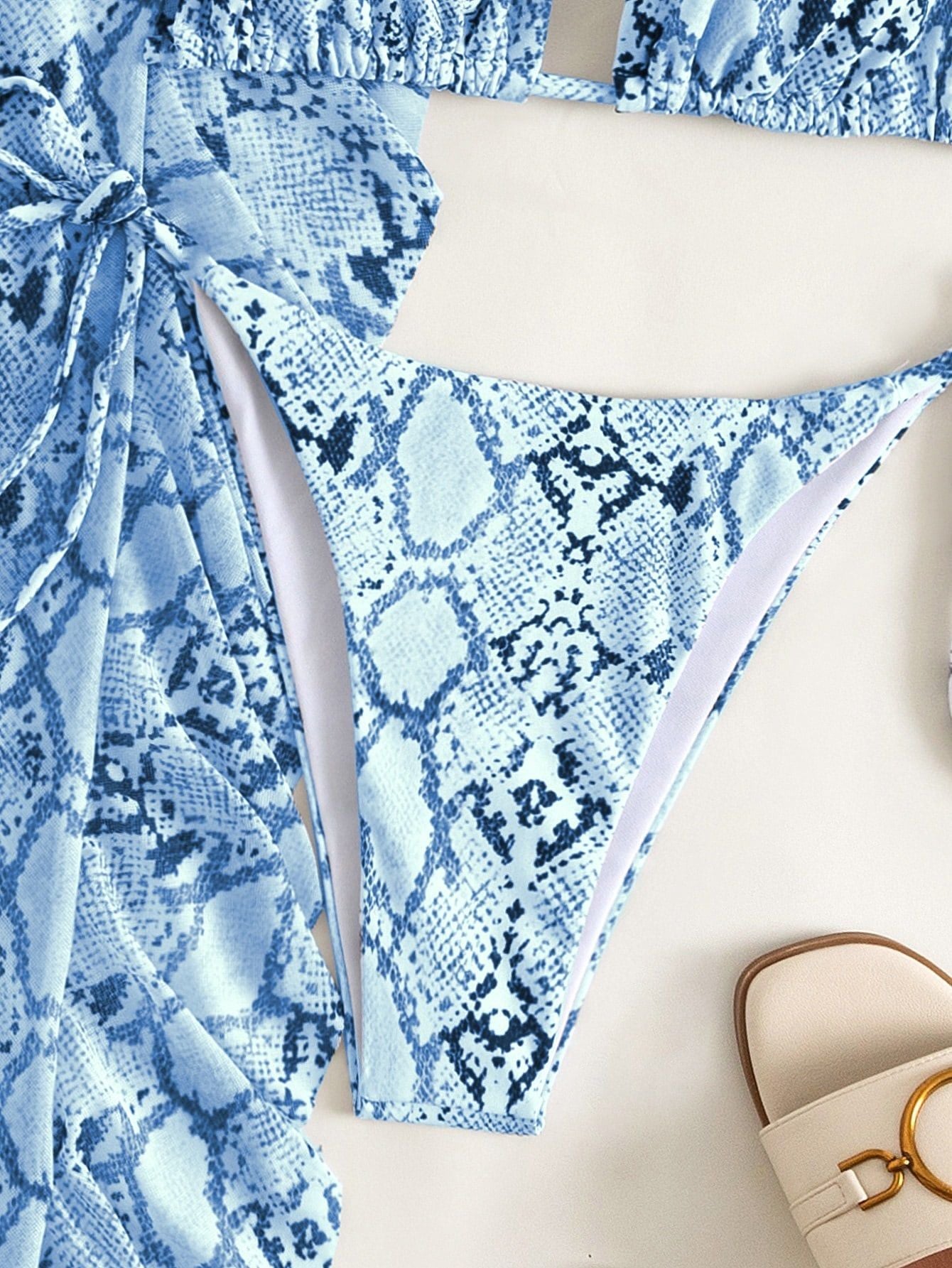 Snakeskin Mesh Bikini Set with Sheer Beach Trousers 3 Piece