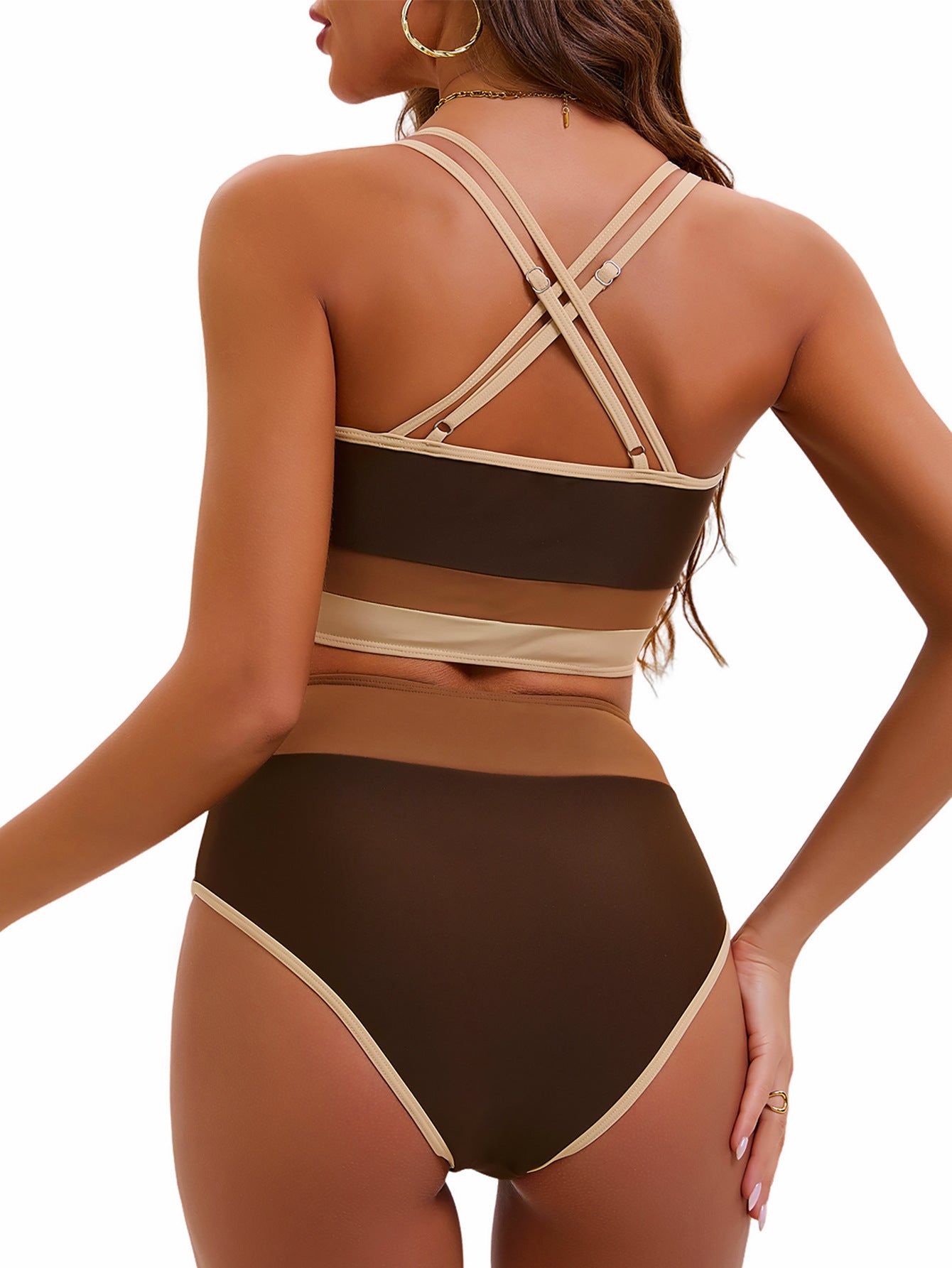 Color Block Double Strap High Waist Bikini Split Swimsuit Women