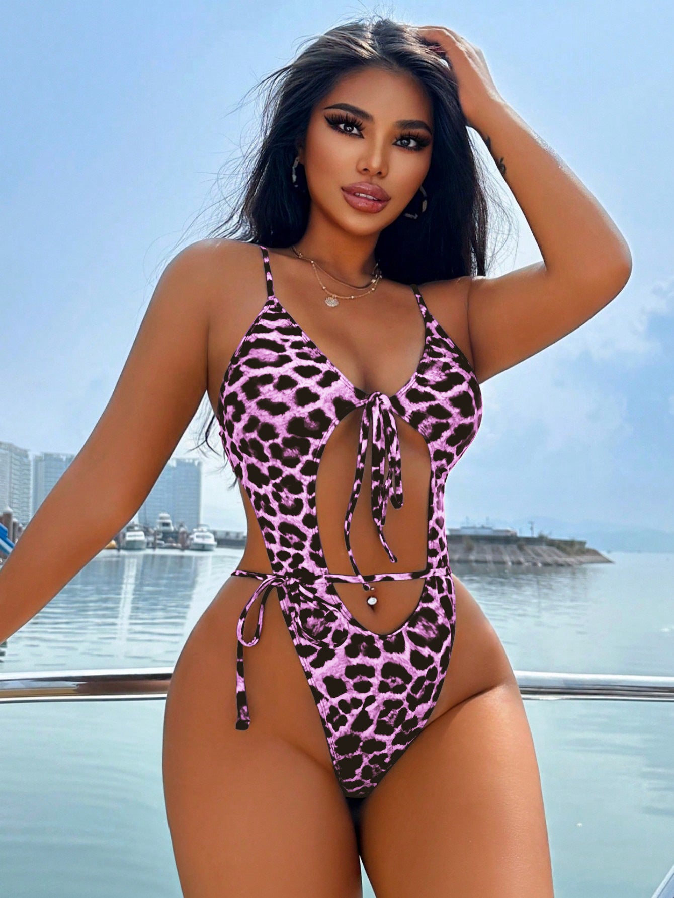 Leopard Print Lace-Up Swimsuit for Women – Vacation Style
