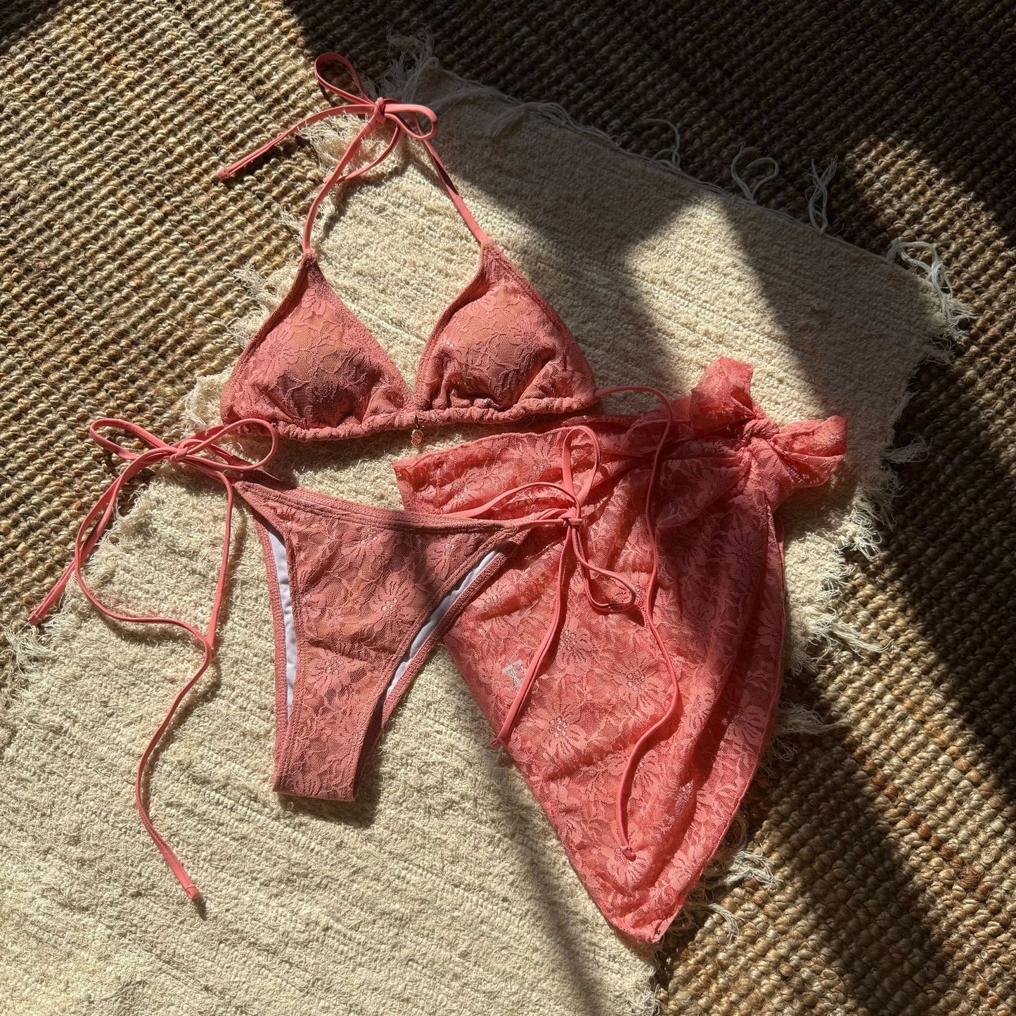 Lace Mesh Three Piece Swimsuit Bikini Set with Skirt Cover