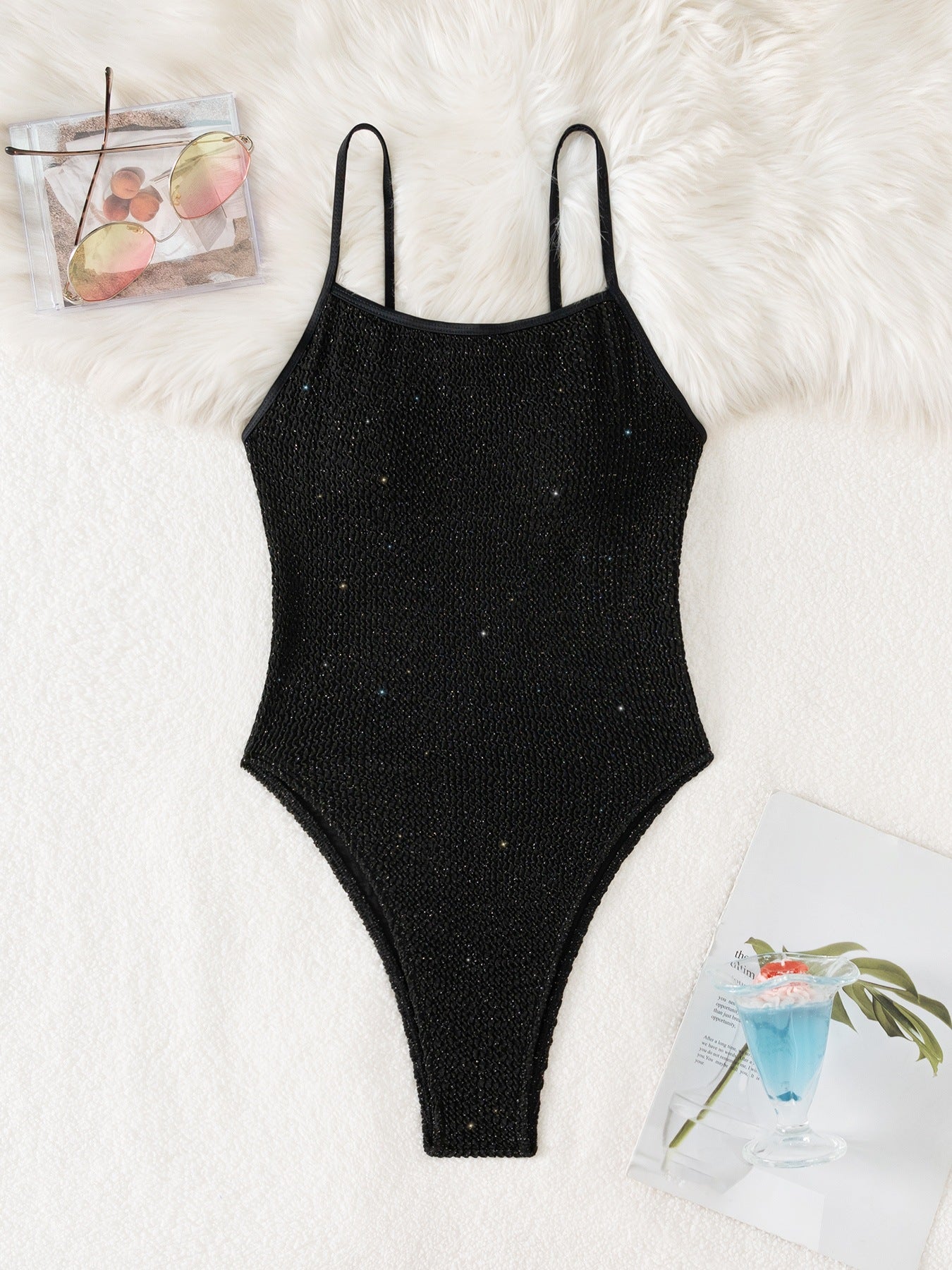 Black Shiny Sequin One Piece Swimsuit for Women