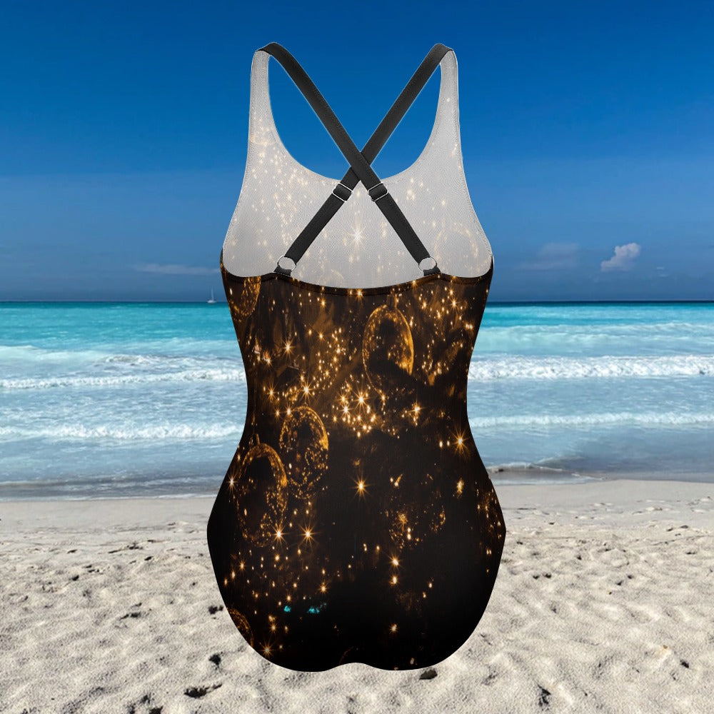 One Piece Swimsuit Gold Champagne Bubbles Print Scoop Neck Racerback Bathing Suit