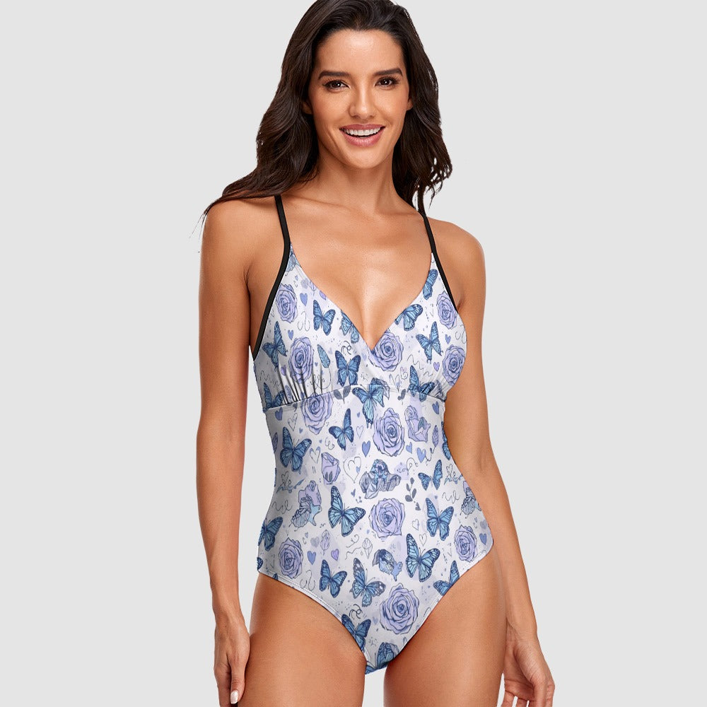 Blue Butterfly Lavender Floral V Neck One Piece Vacation Swimsuit