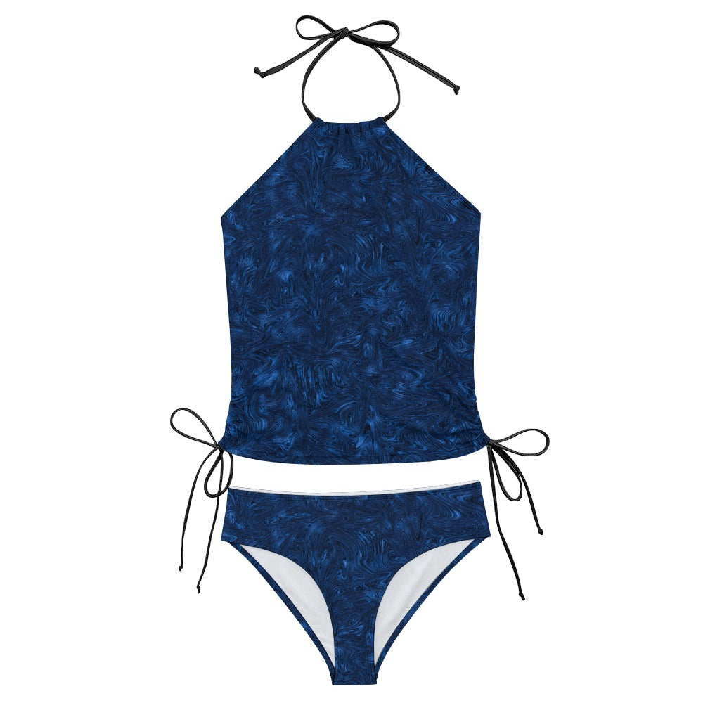 Womens Halter Tankini Swimsuit Set Blue Marble Print High Neck Top with Side Tie Bikini Bottoms