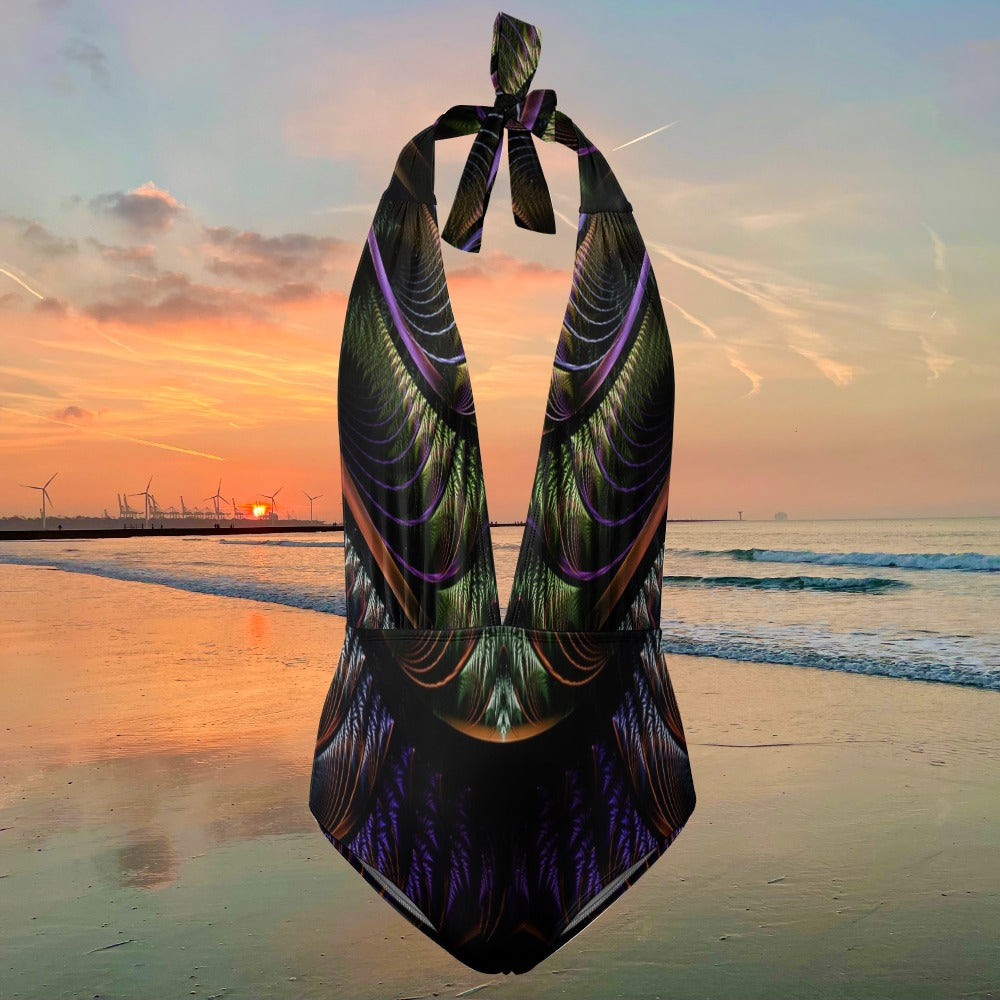 Elegant Feather-Print Swimsuit Sunset Beach Chic Look