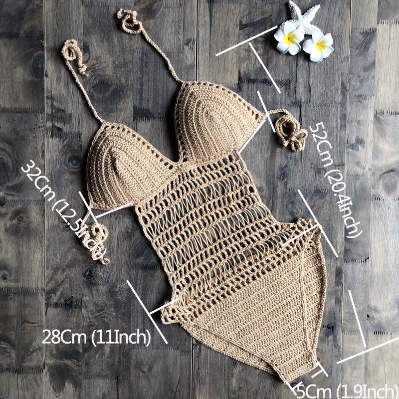 Halter Hand Woven One Piece Swimsuit Beach Hollow Out Cutout Women