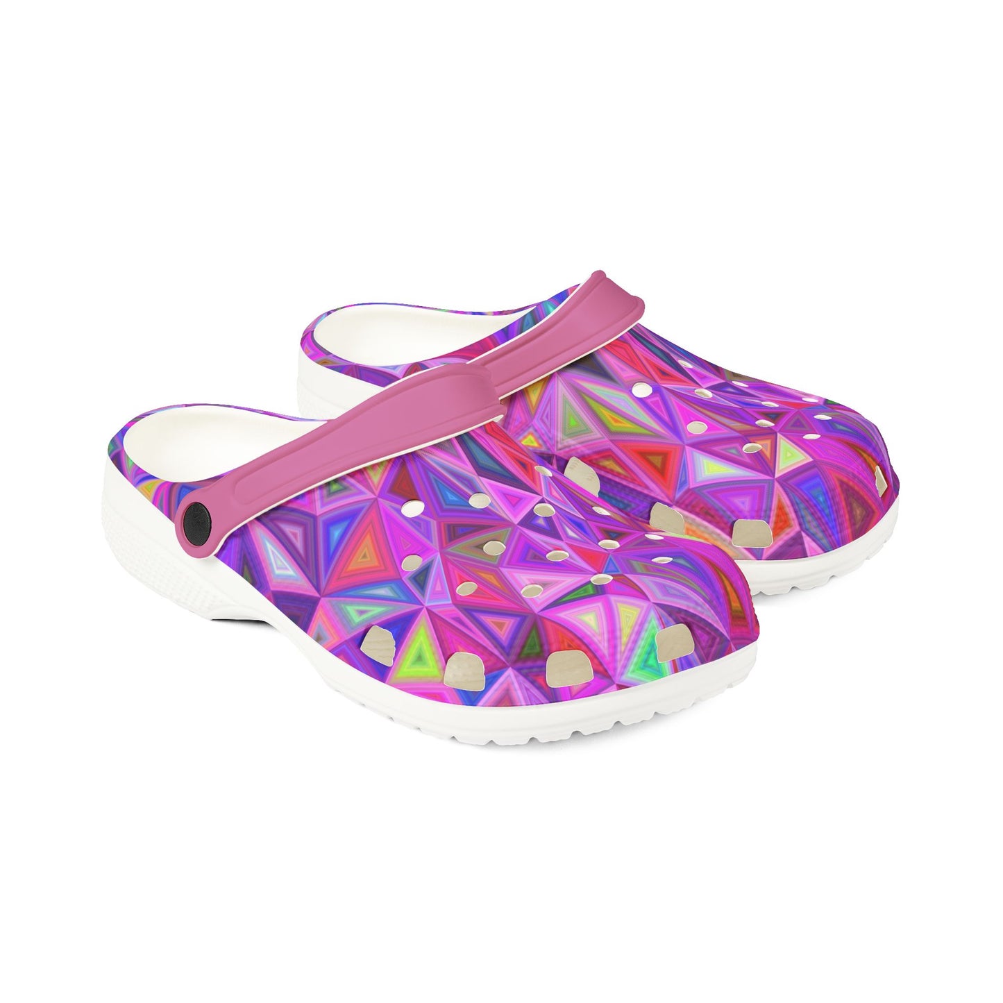 Vibrant Geometric Triangles Kaleidoscope Pattern Colorful Foam Rubber Clogs