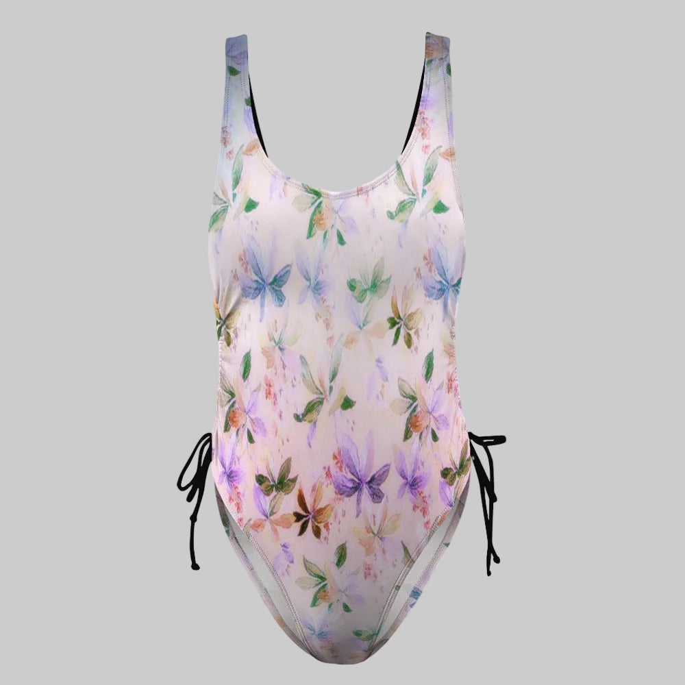 Light Gray Pretty Floral Side Tie One Piece Bikini J Swimsuit