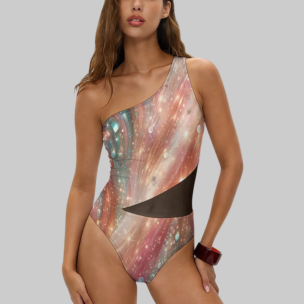 Luxury One Shoulder Glitter Mesh Cutout One Piece Swimsuit