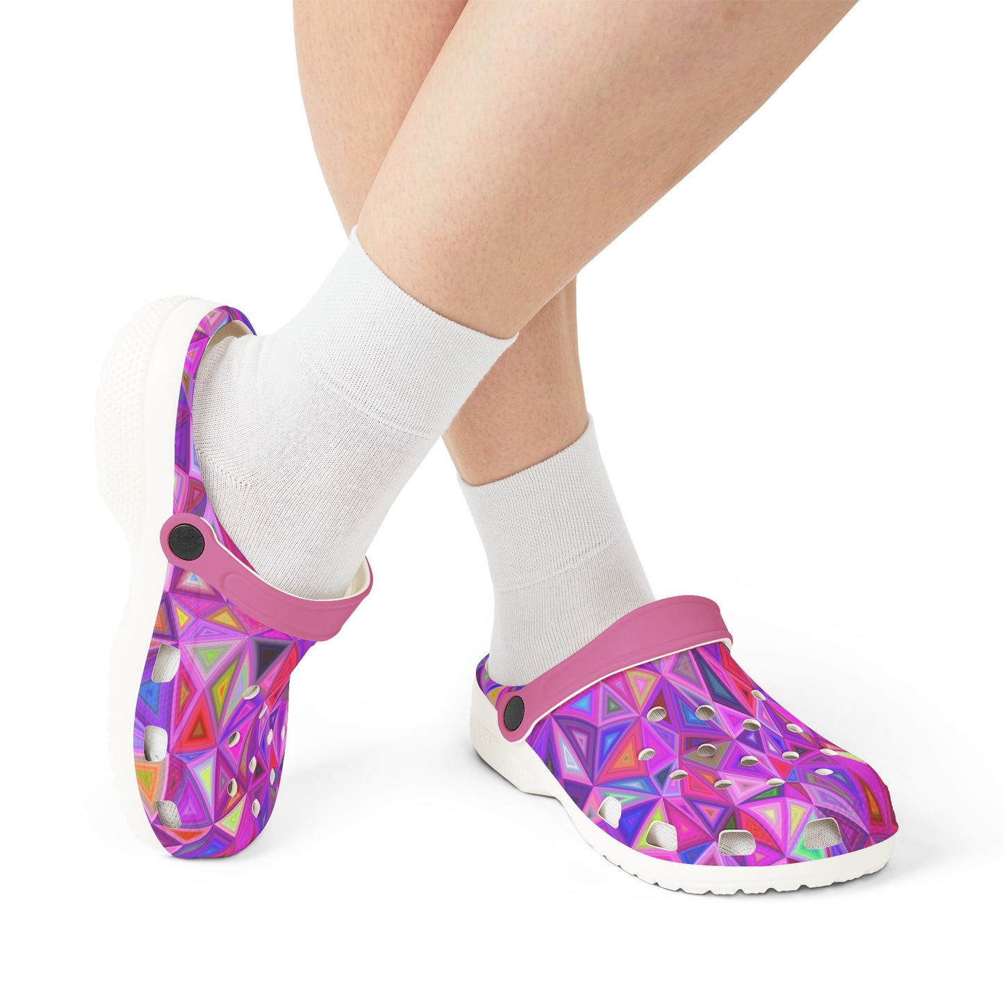 Vibrant Geometric Triangles Kaleidoscope Pattern Colorful Foam Rubber Clogs