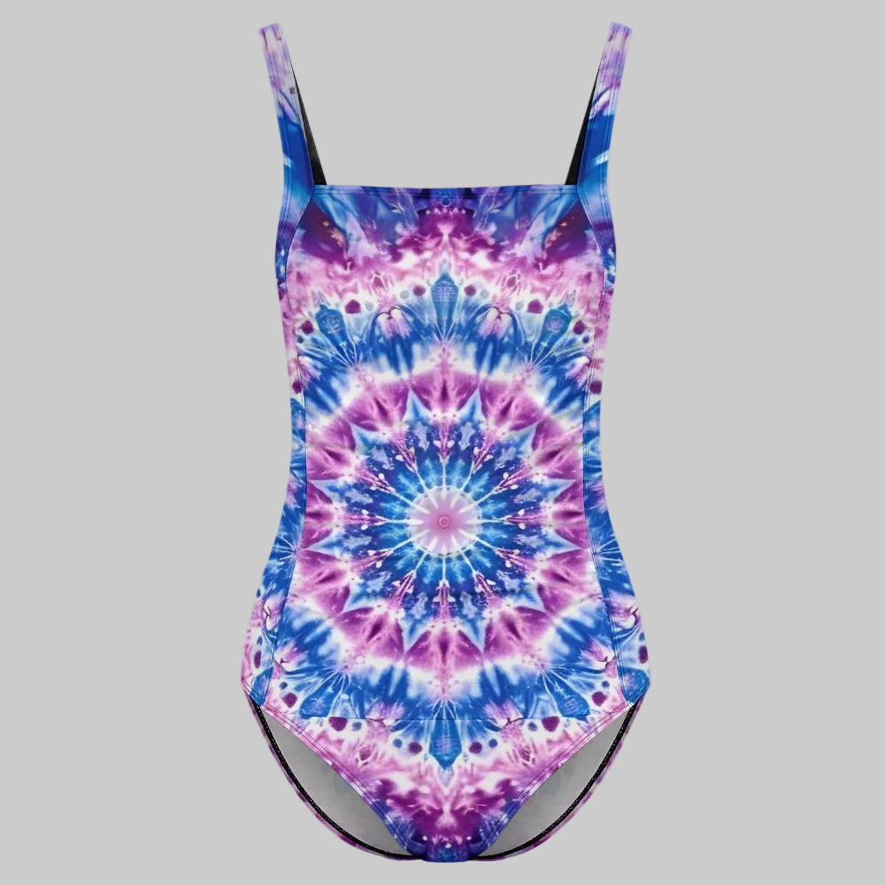 Steel Blue Kaleidoscope Tummy Control High Neck One Piece Swimsuit