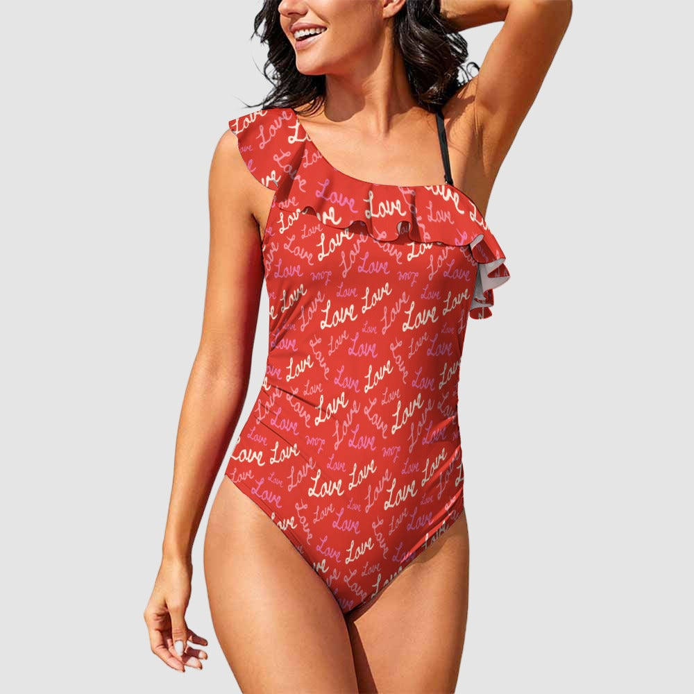 Red Love Ruffled One-Shoulder One-Piece