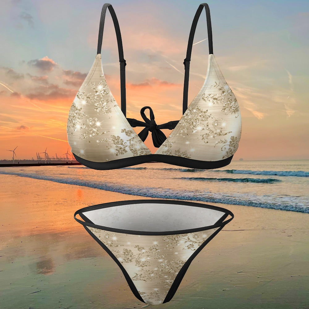 Womens Satin Floral Triangle Bikini Set Elegant Beige Black Trim