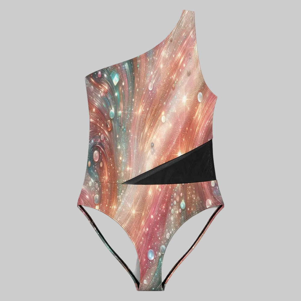 Luxury One Shoulder Glitter Mesh Cutout One Piece Swimsuit