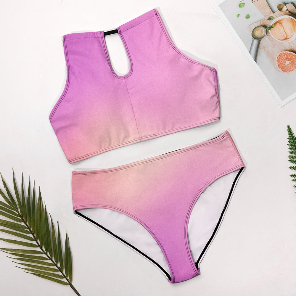 Womens Halter Keyhole Bikini Pink Ombre Two Piece Swimsuit Set
