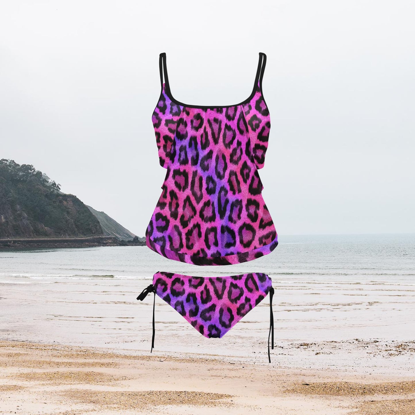 Womens Tankini Swimsuit Set Pink and Purple Leopard Print Scoop Neck Top with Side Tie Bikini Bottoms