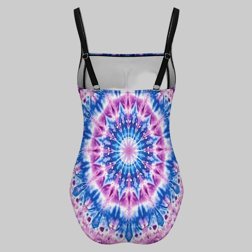 Steel Blue Kaleidoscope Tummy Control High Neck One Piece Swimsuit