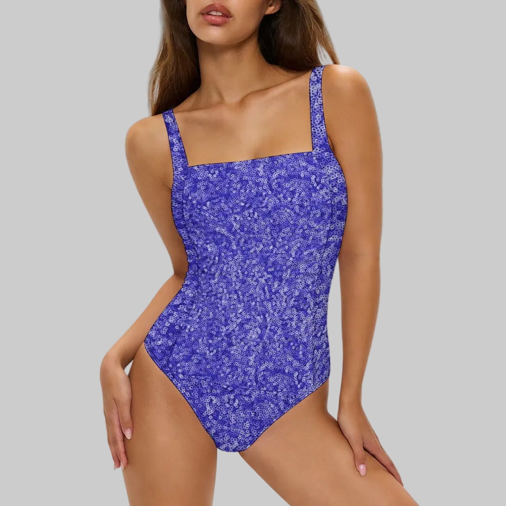 Women's Dark Slate Blue Sequin-Print one-piece swimwear shown flat against a neutral background.
