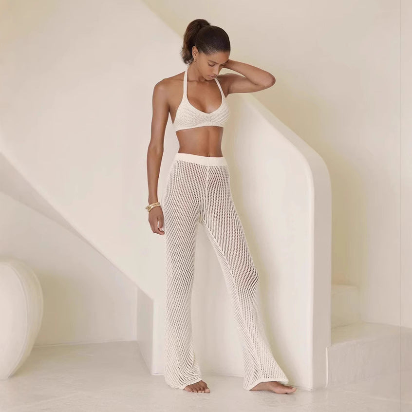 Summer Backless Halter Top High Waist Trousers Knitted Set