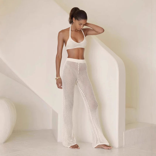 Summer Backless Halter Top High Waist Trousers Knitted Set
