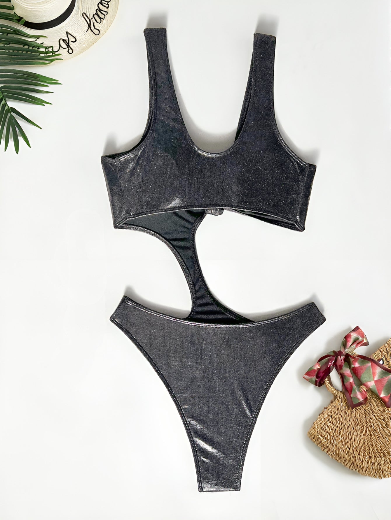 Gunmetal Metallic Asymmetric Cutout Backless One Piece Monokini