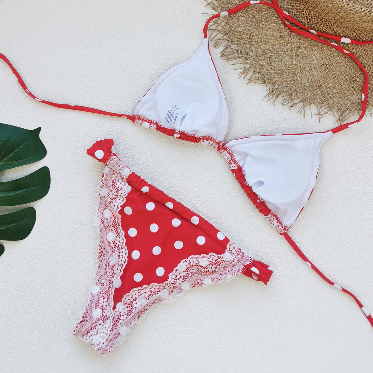 Retro Polka Dot Lace Strap Three Point Bikini Sexy Backless Split Swimsuit