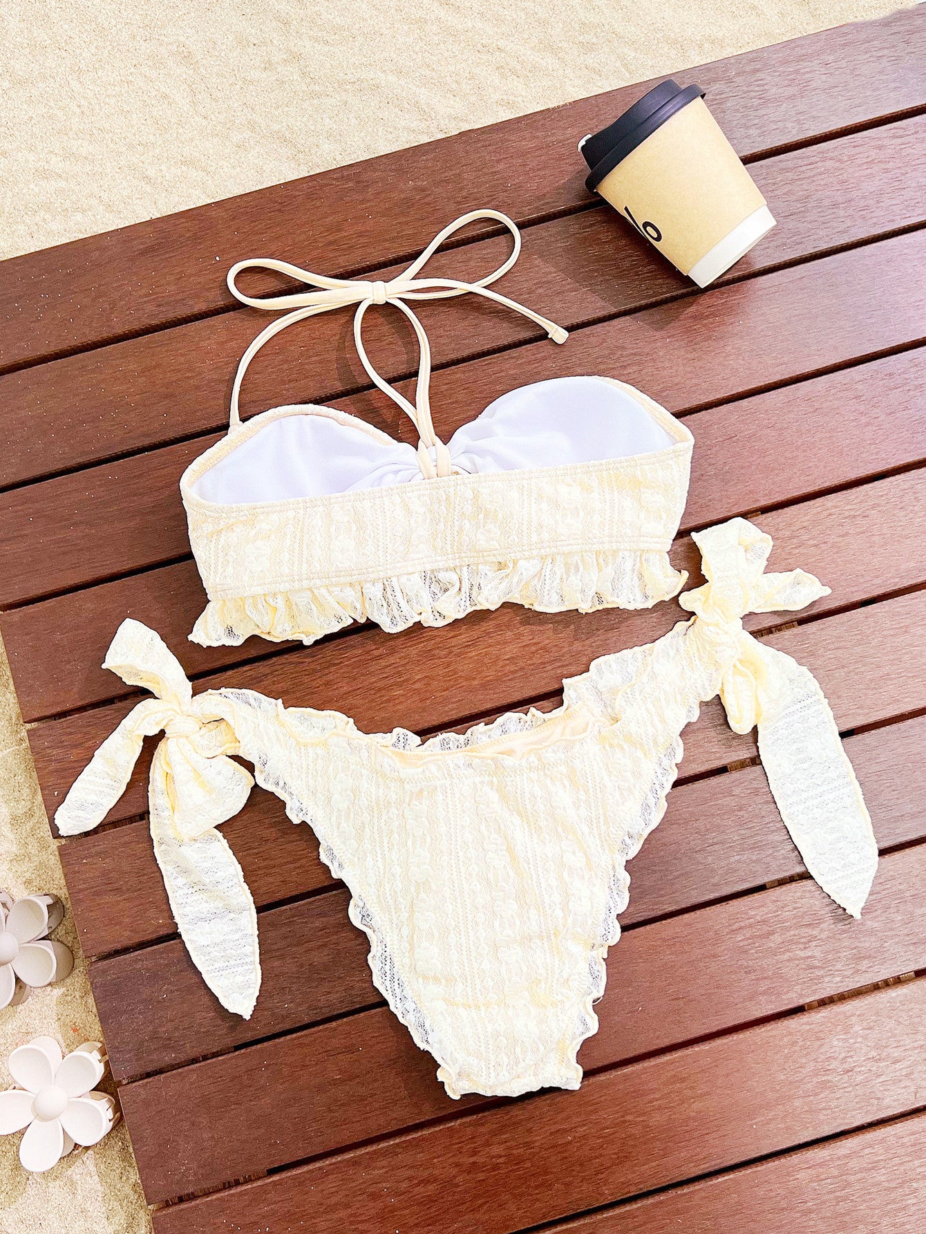 Cream Ruffle Halter Tube Top Boho Bikini Two Piece Swimsuit Set