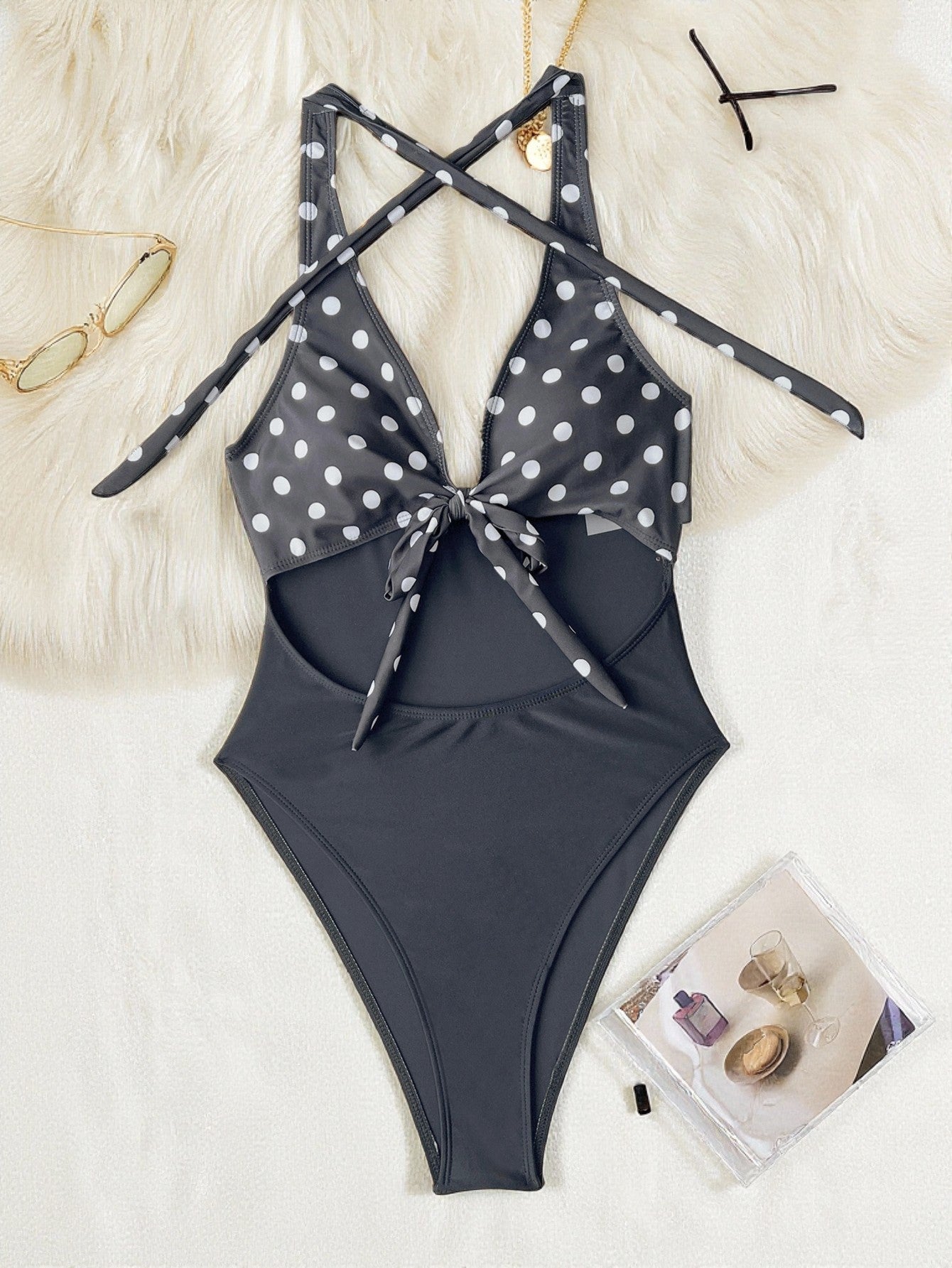 Black Polka Dot Cutout Tie Front One Piece Halter Swimsuit