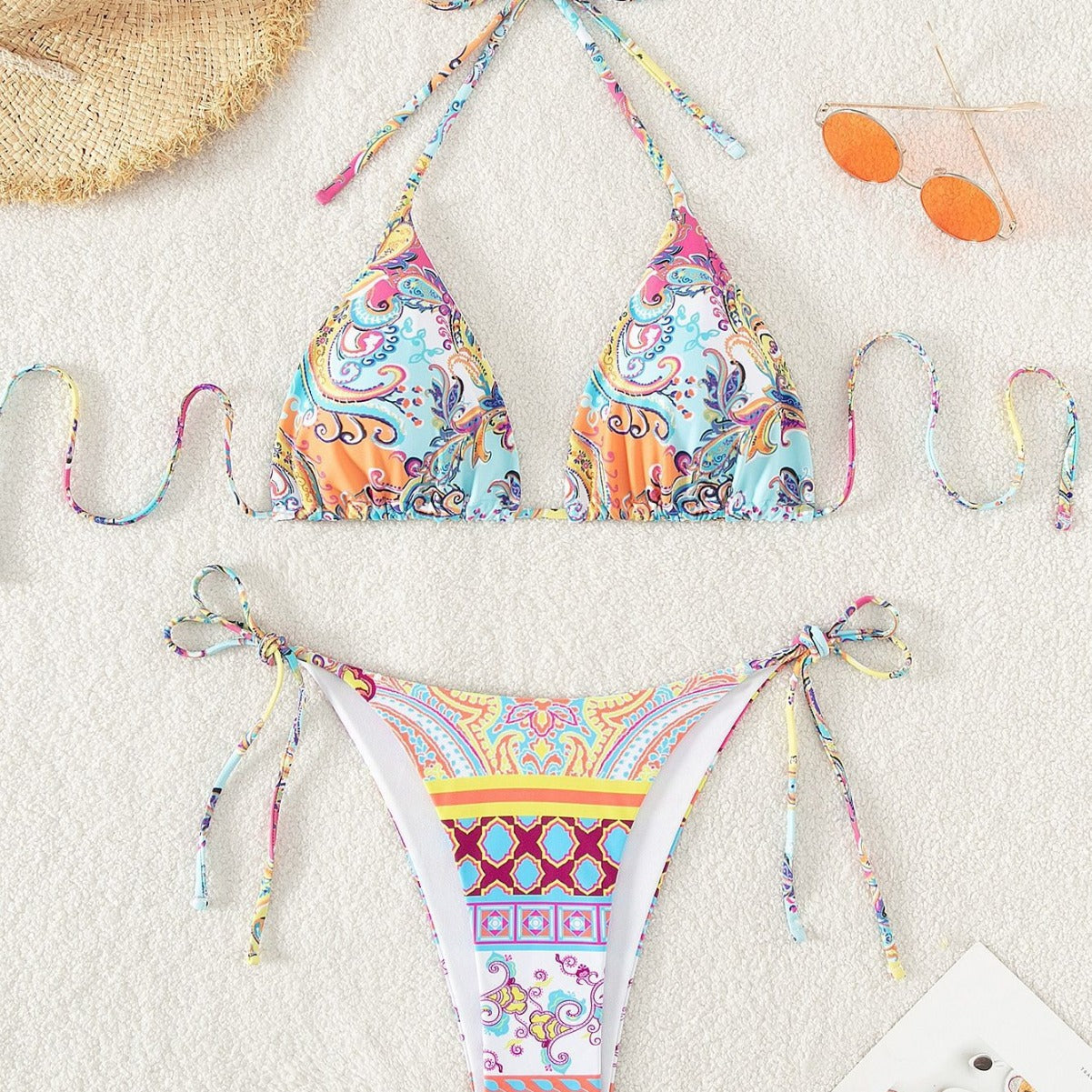 Three Point Split Bikini Swimsuit Backless Print Swimwear
