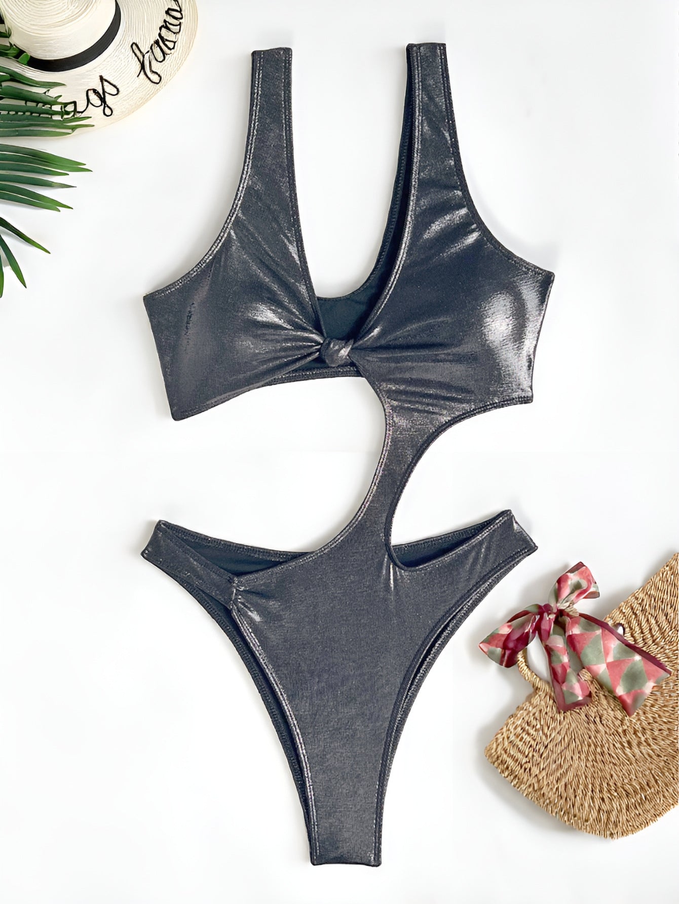 Gunmetal Metallic Asymmetric Cutout Backless One Piece Monokini