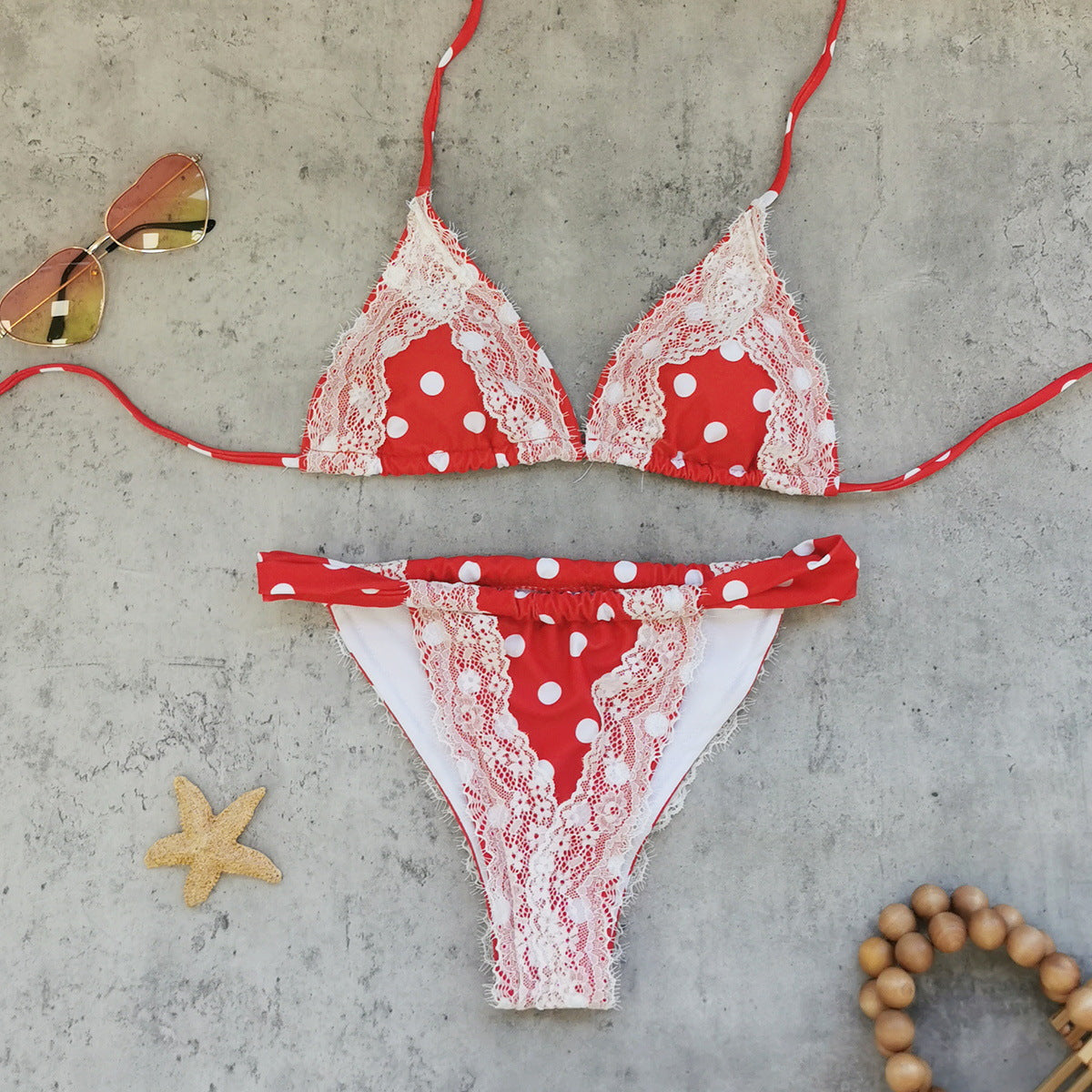 Retro Polka Dot Lace Strap Three Point Bikini Sexy Backless Split Swimsuit