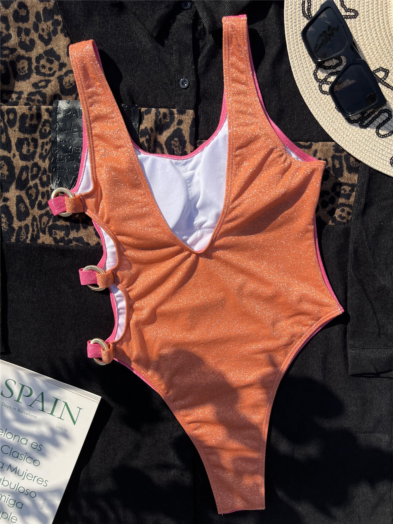 Women One Piece Swimsuit Gold Silver Side Ring Monokini