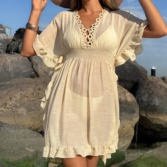 Hollow Out Crochet Lotus Edge Waist Tie Beach Vacation Dress