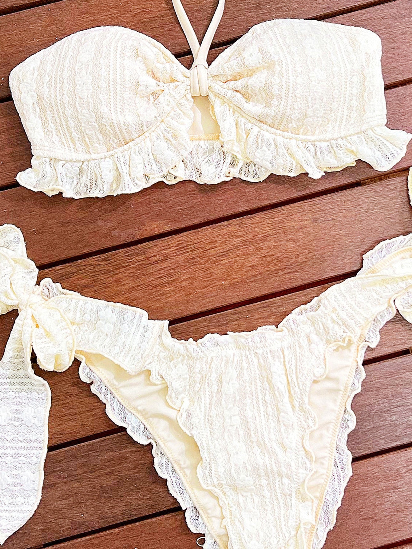 Cream Ruffle Halter Tube Top Boho Bikini Two Piece Swimsuit Set