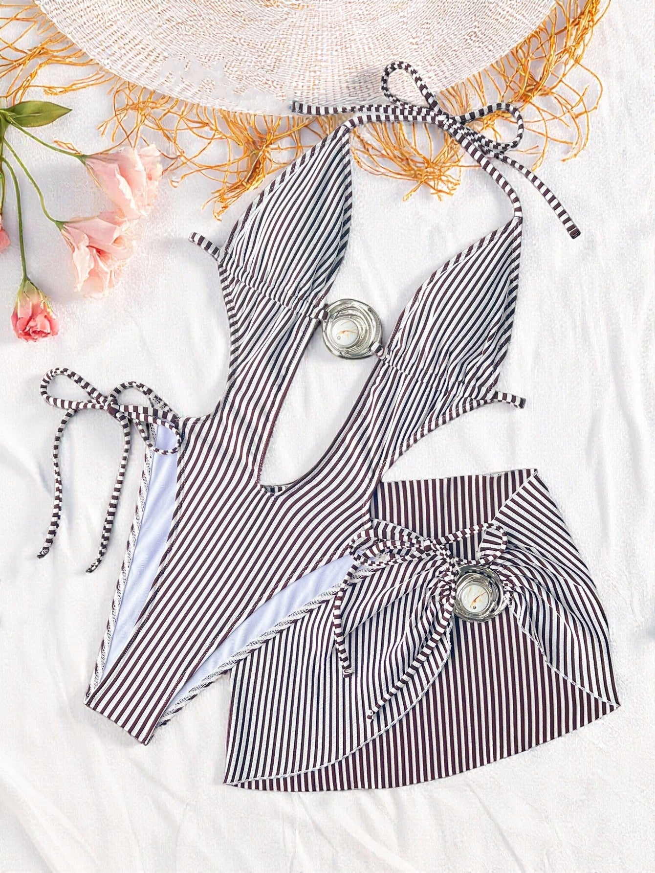 Black and White Striped Buckle Monokini With Matching Sarong Set