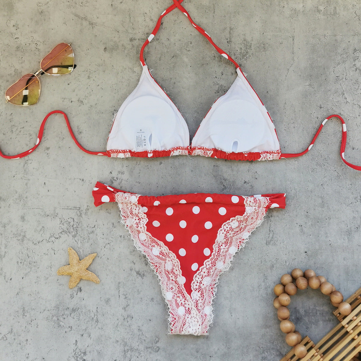 Retro Polka Dot Lace Strap Three Point Bikini Sexy Backless Split Swimsuit