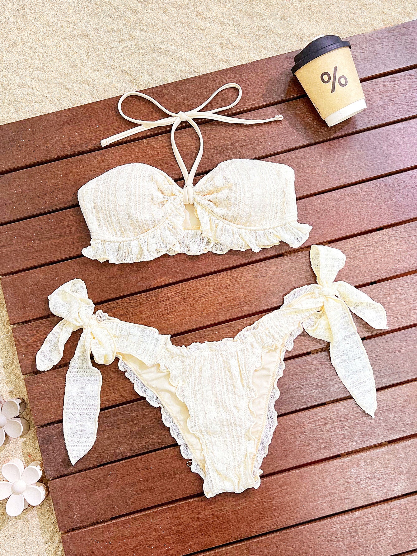 Cream Ruffle Halter Tube Top Boho Bikini Two Piece Swimsuit Set