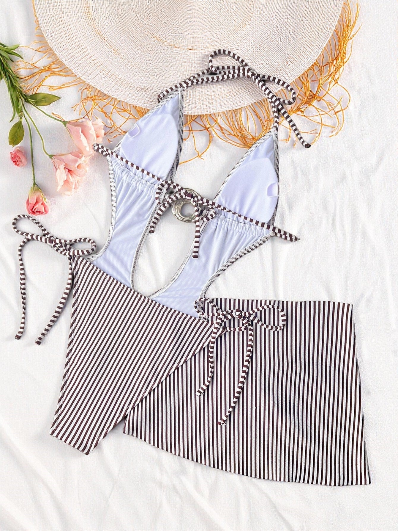 Black and White Striped Buckle Monokini With Matching Sarong Set