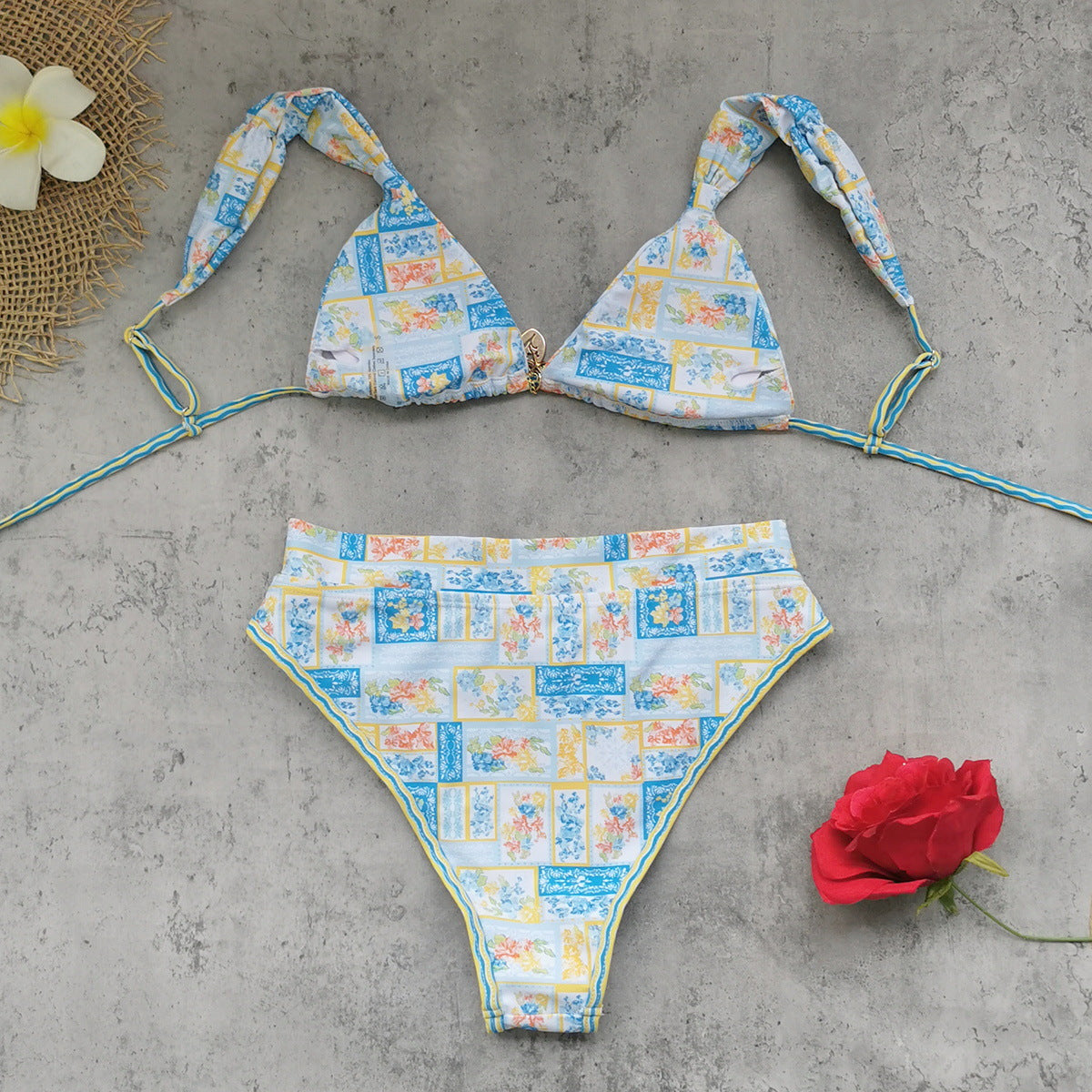 Vintage Floral High Waist Boho Triangle Patchwork Bikini Swimsuit Set