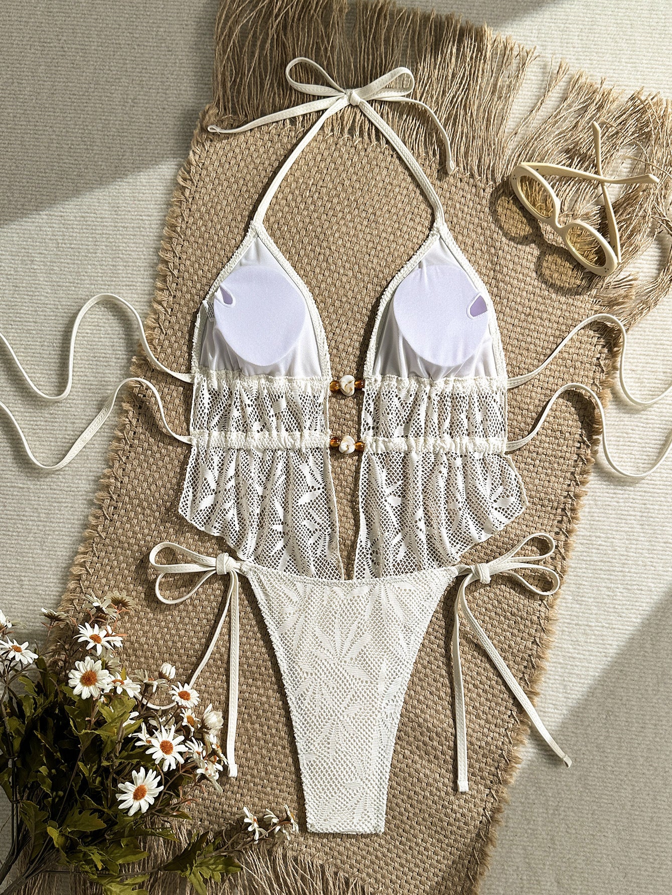 White Boho Crochet Halter Cutout Lace Up Bikini Two Piece Swimsuit